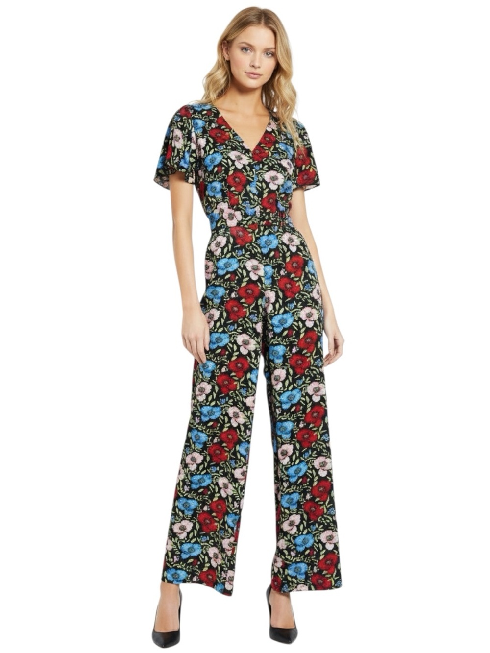Chelsea28 Floral Wide Leg Jumpsuit Womens Size 2 / XS Black Blue Red